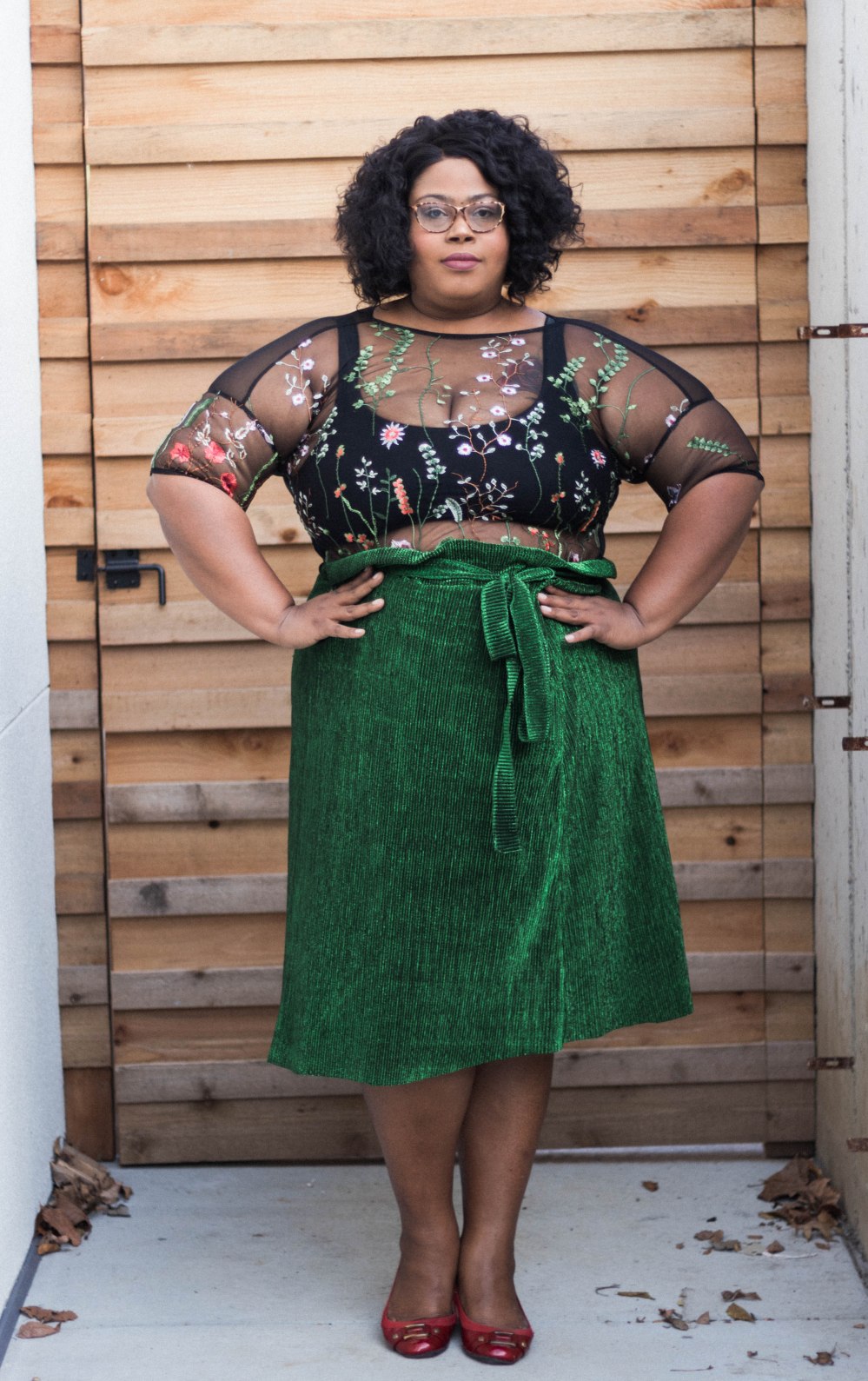 Emboridered plus size top with Premme skirt. http://FinesseCurves.com